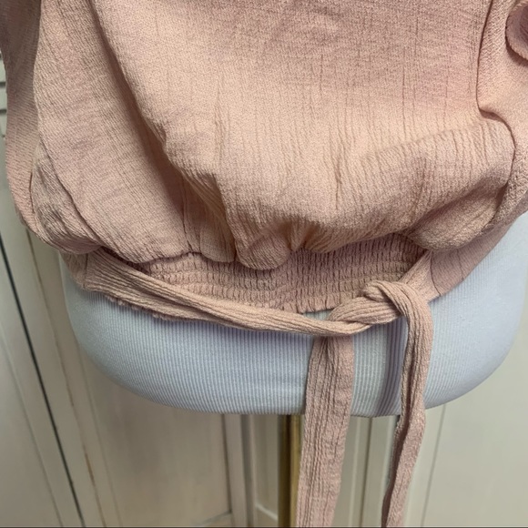 Pink Crepe Wrap Blouse with Black Lace Detailing and Ruffle Sleeves - Picture 6 of 9